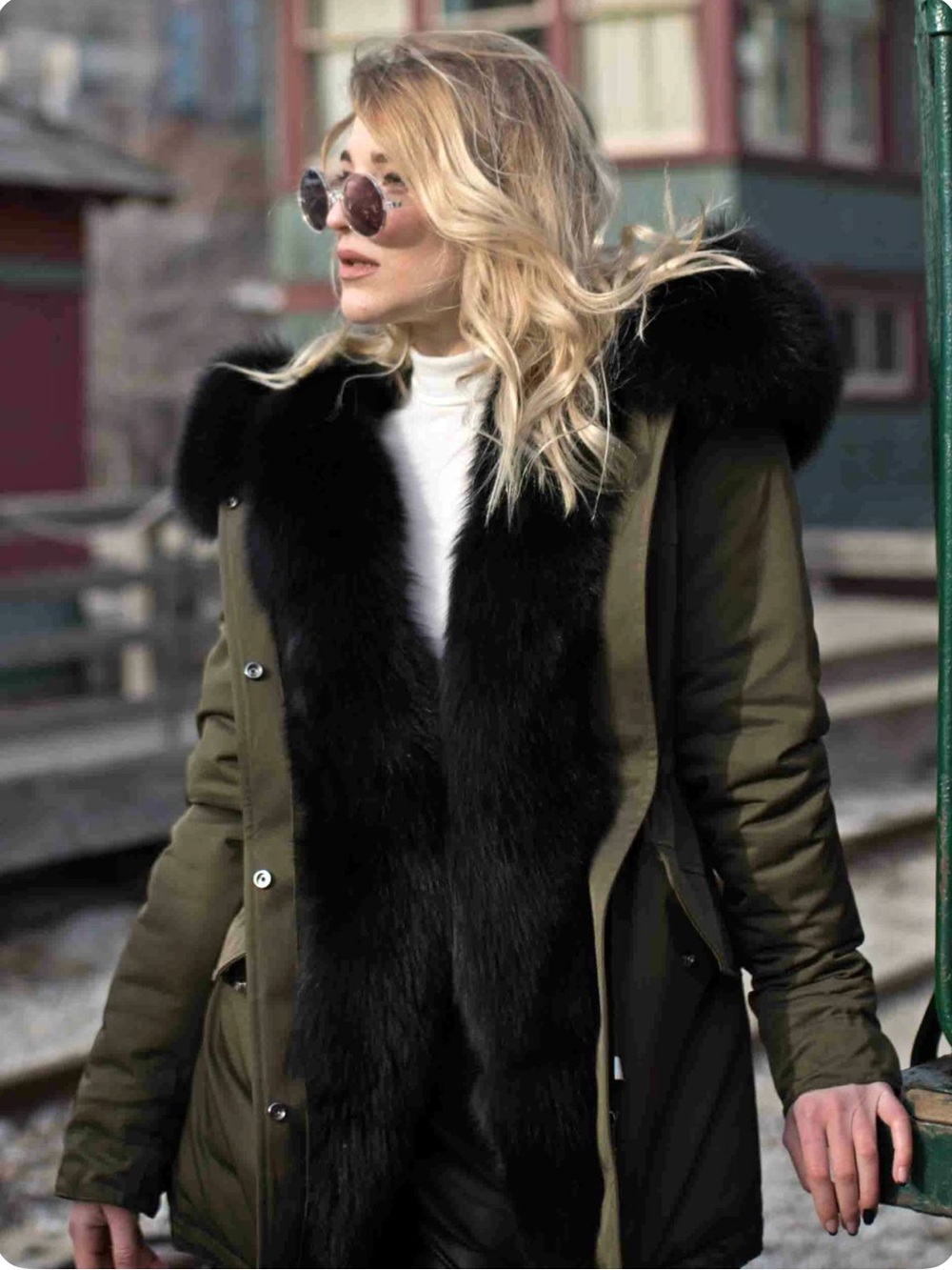 Military Green Parka with Genuine Black Arctic Fox Fur